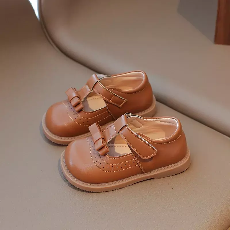 Sapato infantil de couro liso, sapato de caminhada Princess Casual, laço de gancho, moda feminina, primavera, outono, crianças
