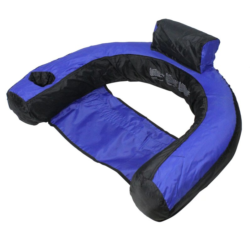 Espreguiçadeira inflável azul e preta flutuante em forma de U, assento coberto em forma de U em tecido, encosto embutido para suporte de bebida, 28"