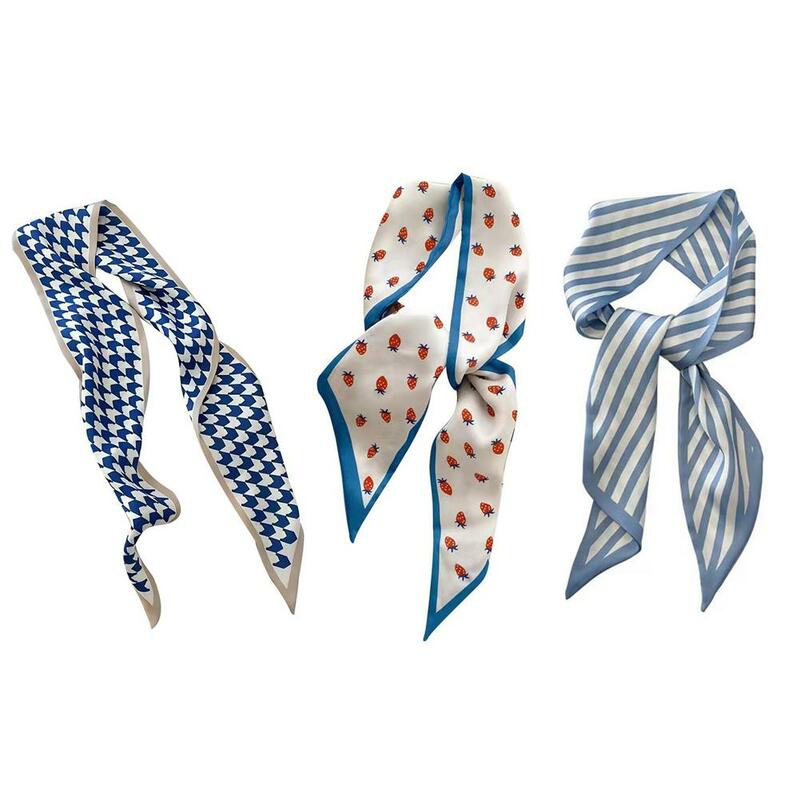 Lenço de seda azul pequeno para mulheres, gravata decorativa para bolsa e cabelo, acessórios elegantes para cabelo