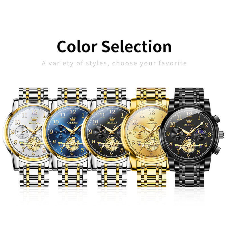 OLEVS-relógios de aço inoxidável impermeável para homens, lua fase, moda luminosa, esqueleto cronógrafo, quartzo relógio de pulso, nova marca