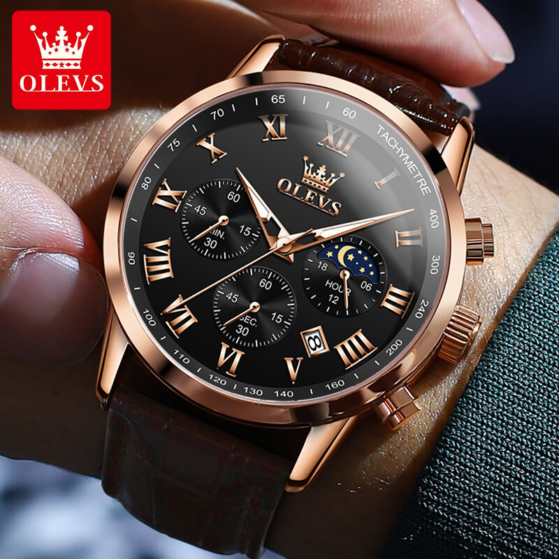 OLEVS-Relógios masculinos de negócios, pulseira de couro, lua fase, relógio quartzo masculino, luminoso, impermeável, relógio de pulso original, marca top