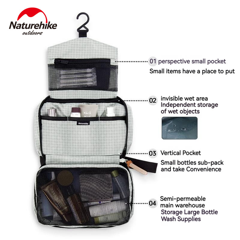Naturehike-Waterproof Travel Toiletry Bag, Organizador de Suspensão, Grid Storage Box para Natação, Lavagem, Maquiagem, Cosmetic Bag, Capacidade, Impermeável