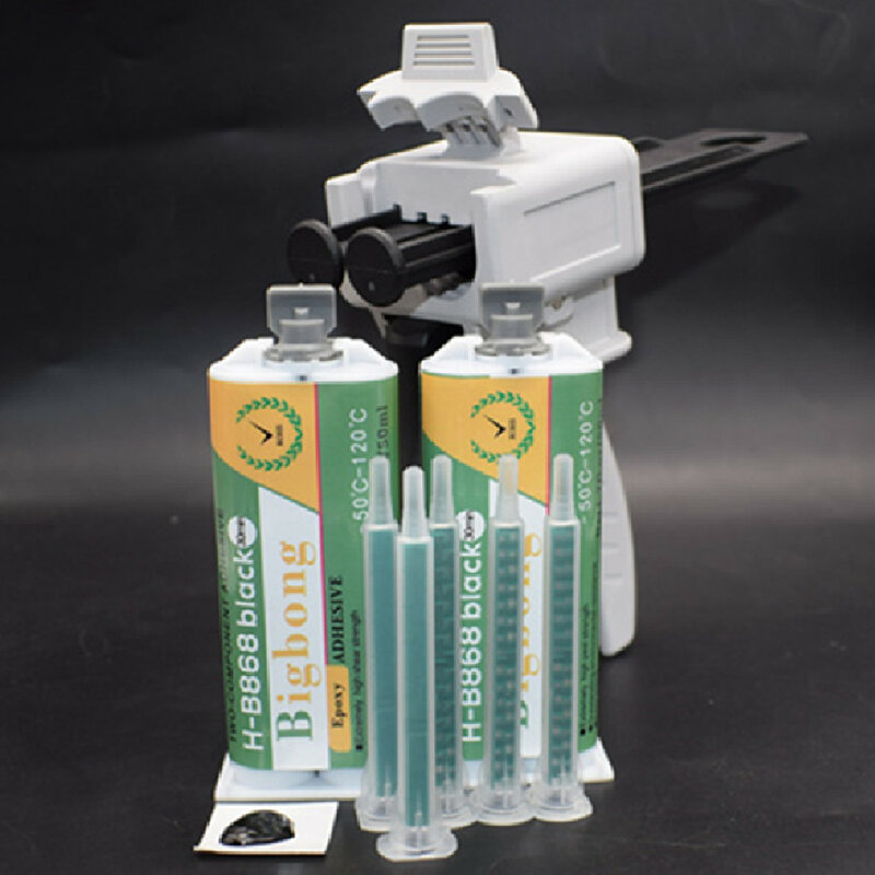 2pcs Black 1:1 50ml Epoxy Resin AB Glue Adhesive -50℃-120℃ Glass Metal Plastics Wood & 5pcs Static Mixer Nozzles & Dispenser