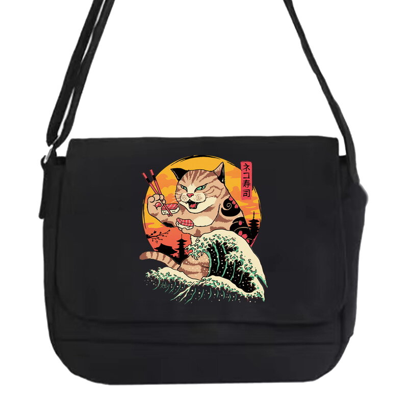 Bolsa de mensajero multifunción Simple, bolso de herramientas con personalidad, Harajuku, de viento, portátil, de un solo hombro, con patrón de gato japonés