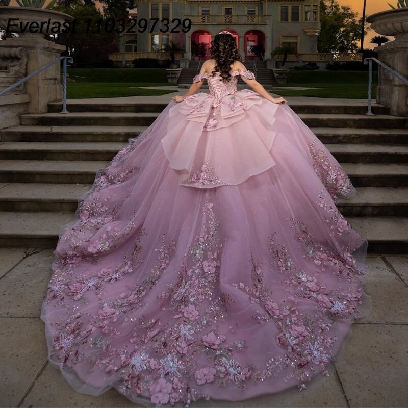 EVLAST Mexico Shiny Pink Quinceanera Dress Ball Gown 3D Floral Applique Beading Crystal Tulle Sweet 15 Vestido De 15 Anos TQD581