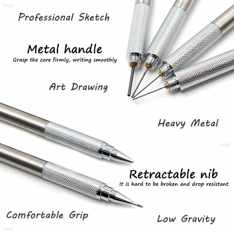 Lápis mecânico de metal conjunto com recargas de chumbo desenho lápis automático 0.3, 0.5, 0.7, 0.9, 1.3, 2.0mm 2b hb para arte supplie