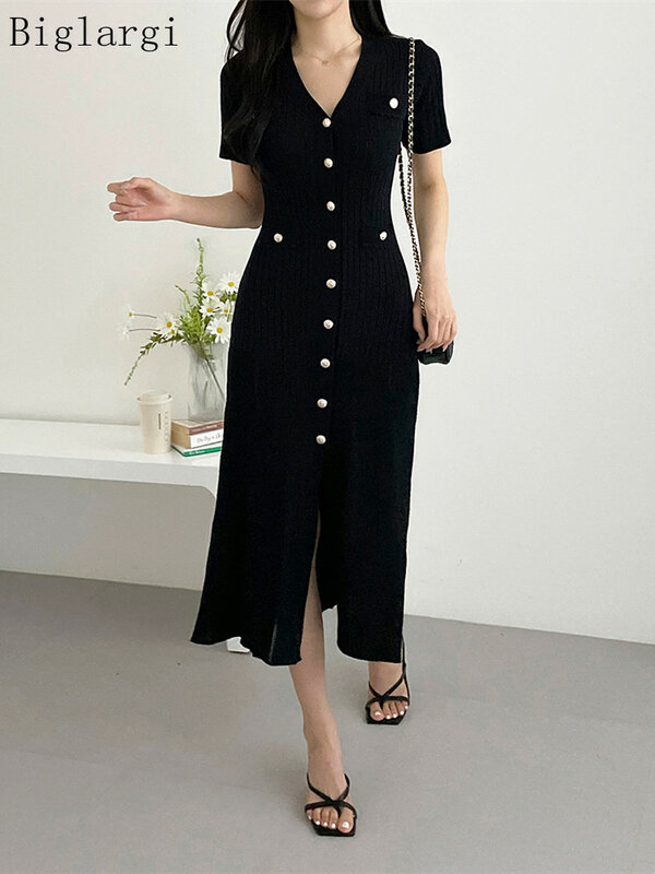 Sommer Midi Kleid Frauen gestrickt schwarz Bodycon Korea Stil Rüschen Damen Kleider elegante Mode lässig Frau Kleid