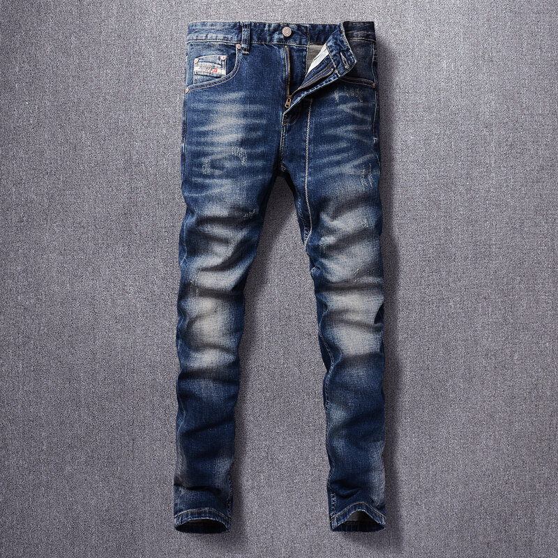 Mode Vintage Heren Jeans Retro Donkerblauw Stretch Elastische Slim Fit Gescheurde Jeans Heren Borduurwerk Designer Casual Denim Broek Homme
