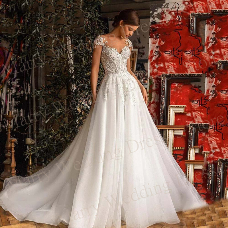 2024 gaun pernikahan wanita kerah v seksi Modern gaun pengantin applique renda klasik gaun pengantin gaun kancing lengan Cap baru Robe De Mariee