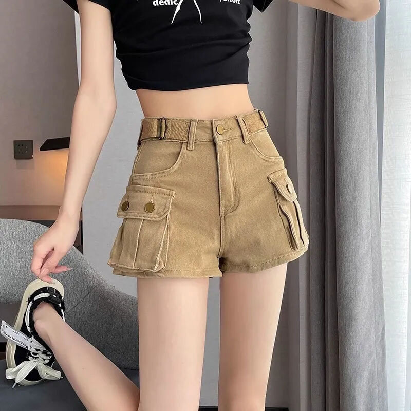 Y2K celana pendek Denim wanita, celana pendek kargo bersaku besar gaya Korea pakaian jalanan A-Line jins kaki lebar