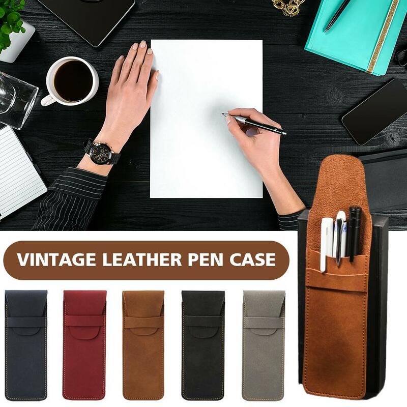 1PC Vintage Leather Pen Case Pocket Pen Pouch Mini Stationery Organizer Bag for Students Office Women Men Business Travel P8V2