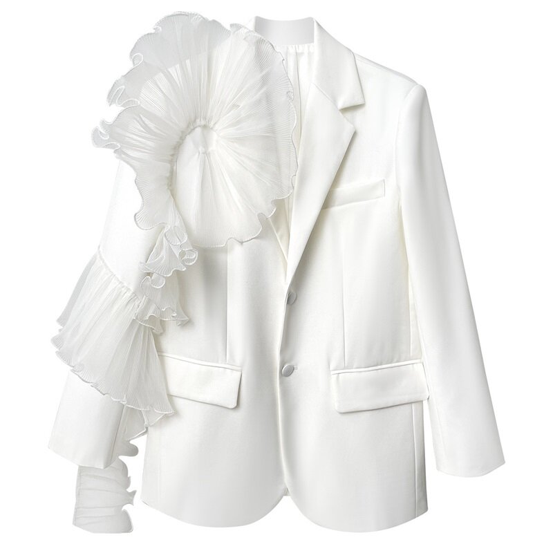 Traje blanco de moda para mujer, empalme de malla tridimensional, con cinta Top de manga, una sola botonadura, chaqueta de estilo fragante pequeña suelta
