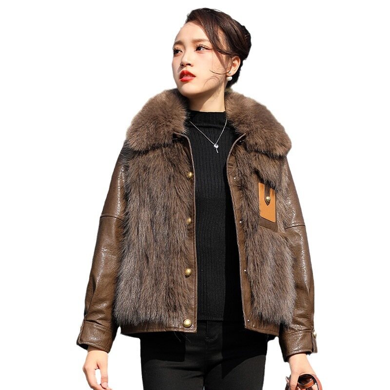 Zxryxgs Temperament Trend Winter jacken hochwertige Pu Leder Spleißen Faux Fox Pelzmantel Damen vielseitige Mode Mantel