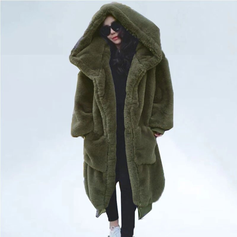 Casaco de pele sintética de inverno feminino, jaqueta longa fofa, casacos quentes, moletons soltos, outwear, pele de coelho