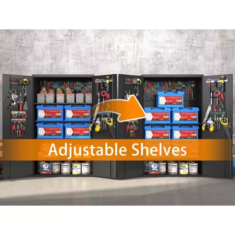 Armário de armazenamento largo atualizado do metal, armário de garagem fechável preto com rodas, 4 prateleiras ajustáveis, resistente, 72 polegadas