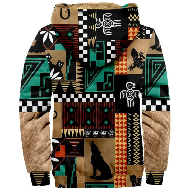 Tribal Prints Grafische Vintage Etnische Hoodie Lange Mouw Rits Sweatshirt Opstaande Kraag Jas Vrouwen Mannen Dagelijkse Winterkleding