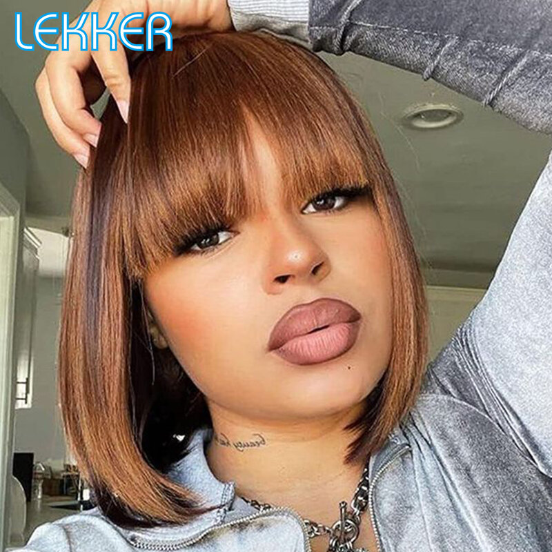 Lekker Ready Wear Ombre Brown Short Straight Bob Human Hair Wigs With Bangs For Women Brazilian Remy Hair Colored Glueless Wigs