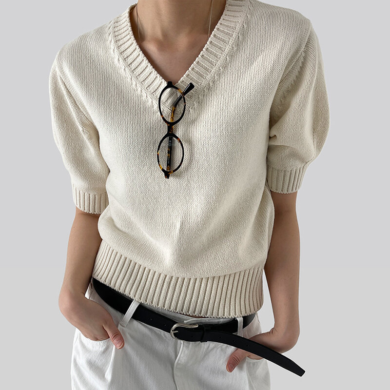 Женский свитер с коротким рукавом, элегантный всесезонный пуловер в Корейском стиле, топы для женщин, оптовая продажа