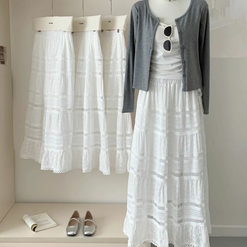 French Style White Hollow Lace Skirts for Women Summer New All Matching High-waist A-line Long Skirt Lady Casual Faldas