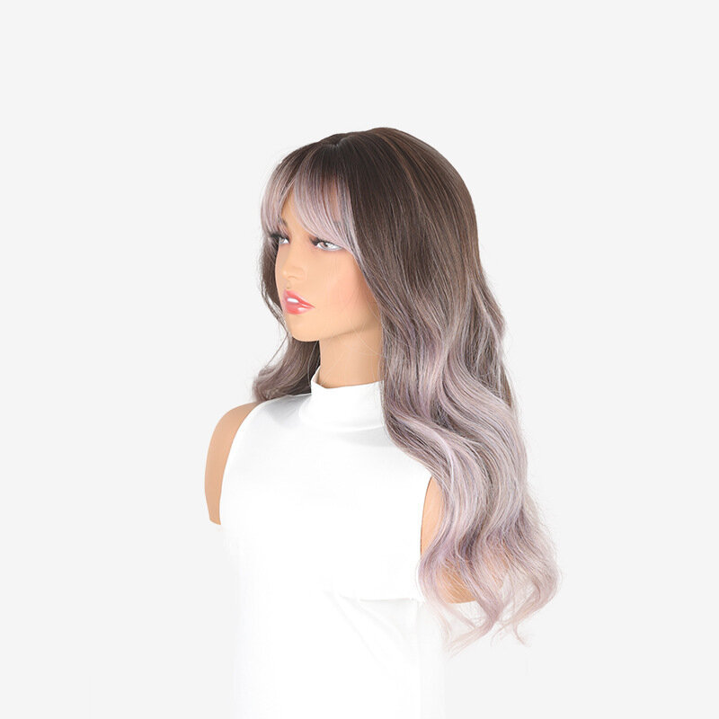 SNQP 57cm Wig rambut palsu gaya baru Wig abu-abu keriting panjang untuk wanita Wig sintetis tahan panas pesta Cosplay harian tampilan alami