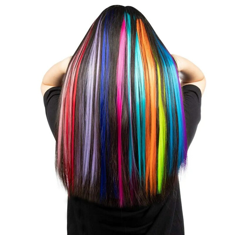 Grampo colorido em extensões do cabelo, hairpieces sintéticos retos, partido colorido, arco-íris, 55cm, 13 pcs