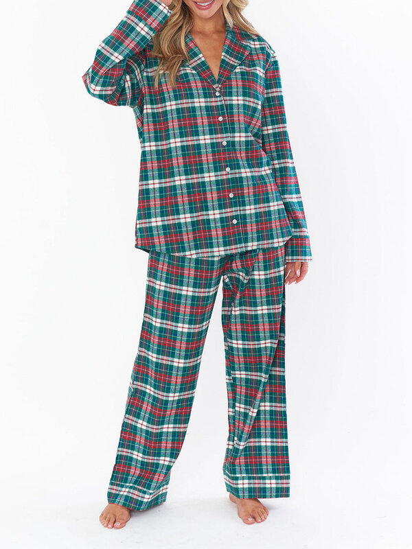 Women Pajamas Lounge Set Fruit Plaid Checkerboard Print Long Sleeve Shirts Tops and Pants 2 Piece Loungewear Outfits