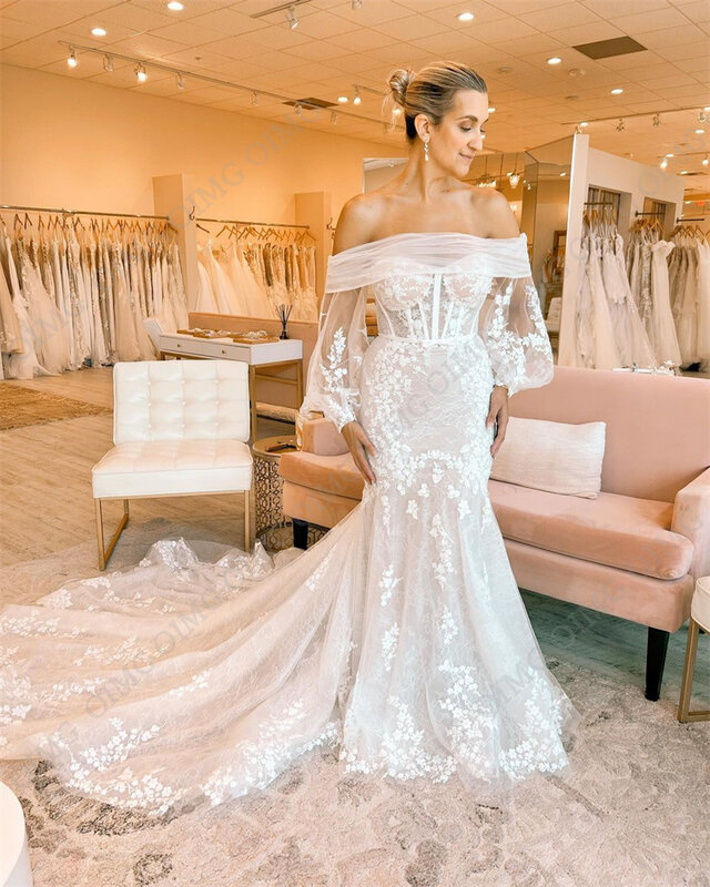 OIMG gaun pernikahan renda Tulle, gaun pengantin klasik 2024 bahu terbuka elegan panjang lantai