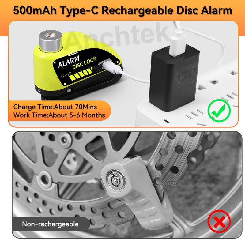 Anchtek-candado de disco de seguridad para Motocicleta, Alarma de freno de disco recargable, 120dB, antirrobo