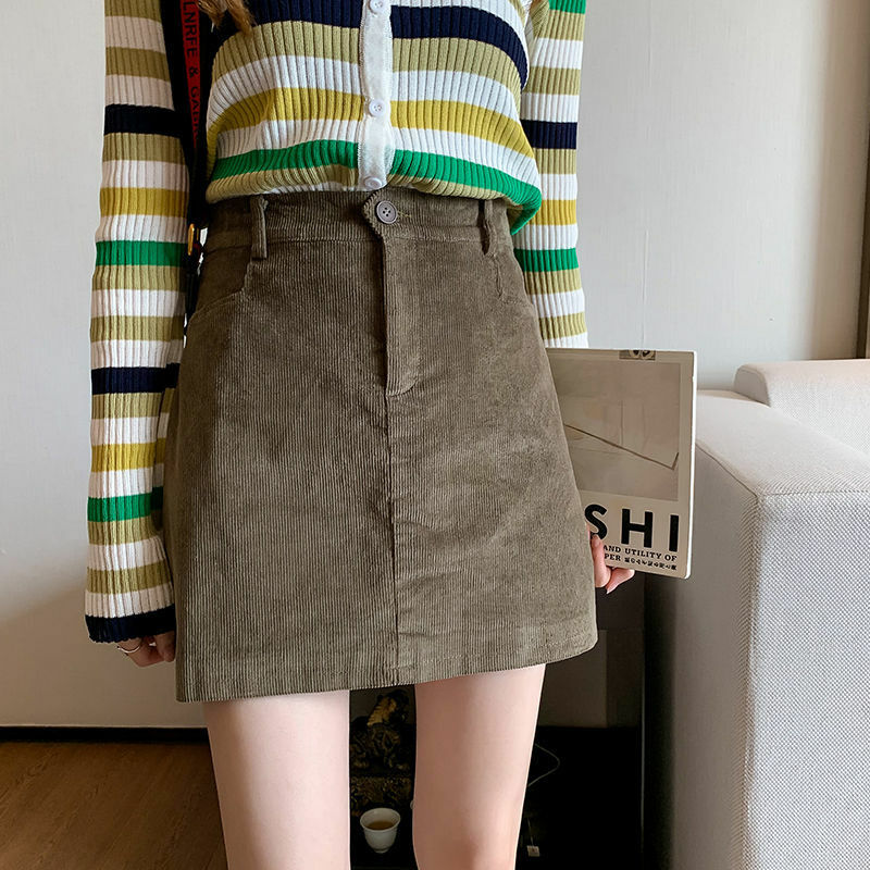 Falda corta ajustada informal para mujer, falda de pana Retro, cintura alta, elegante, línea A, negra, envolvente en la cadera, otoño e invierno, 2021