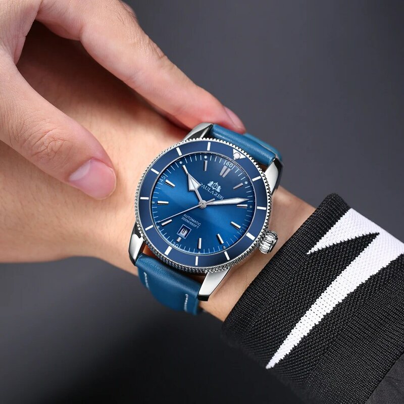 Reloj automático con correa de cuero para hombre, pulsera mecánica de acero inoxidable, color negro y azul, esfera grande, 46mm