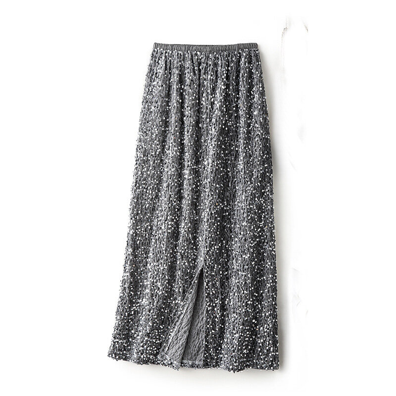 Однотонная элегантная бархатная юбка миди с блестками и разрезом, Женская юбка с высокой талией, Осень-зима, трапециевидная для женщин, модная винтажная уличная одежда