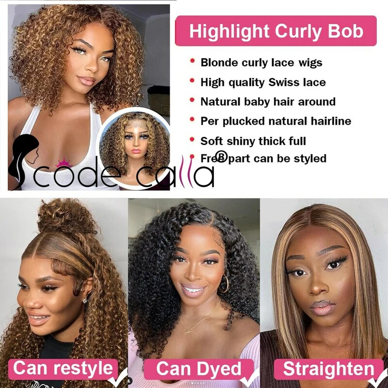 Highlight Ombre Lace Front Wig Short Curly Human Hair Bob Wigs Water Wave Honey Blonde Colored HD Deep Wave Frontal Wigs Brazil