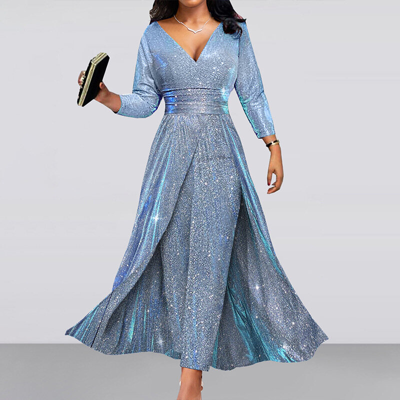 Роскошный сексуальный синий комбинезон с V-образным вырезом, двухстороннее тонкое блестящее платье большого размера для выпускного вечера, пэчворк, длинные брюки с поясом, женское платье