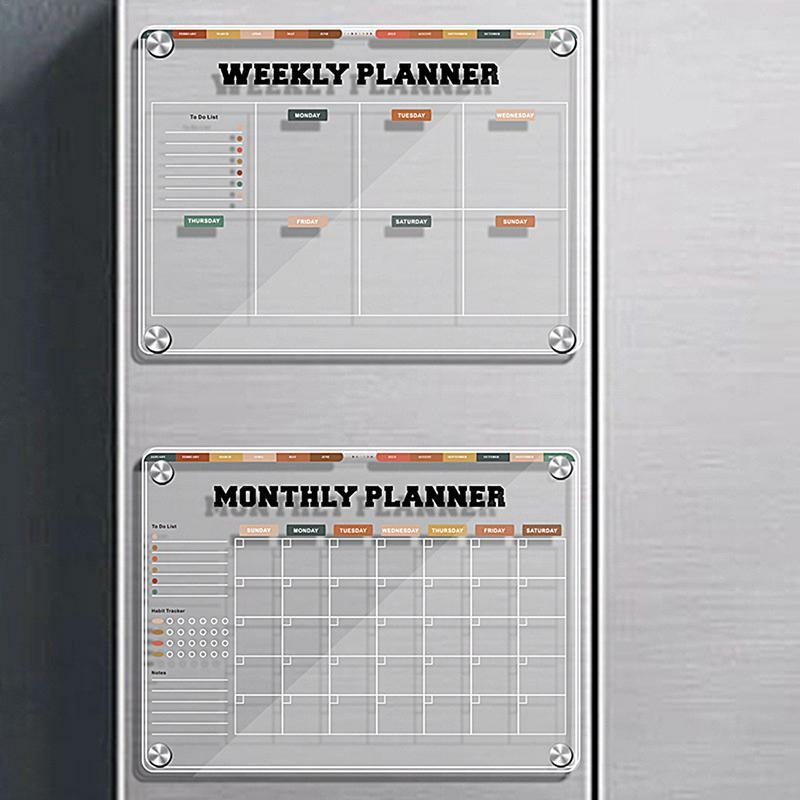 Papan tulis magnetik untuk kulkas dapat dipakai ulang papan perencana kalender 12x9in akrilik jelas papan pesan Notepad kulkas