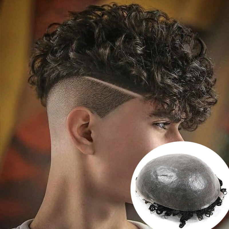 Breathable 20mm Curly Pu Base Super Thin Skin Men Toupee 100% Human Hair Wigs Replacement Capillary Prosthesis Curly Hair Unit