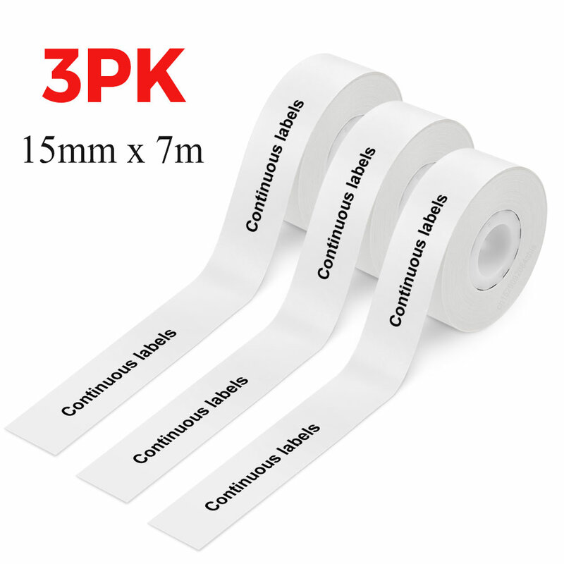 3 buah 15mm x 7m kertas Label terus menerus cocok untuk P12 pencetak Label portabel Mini stiker Printer termal berperekat tahan air