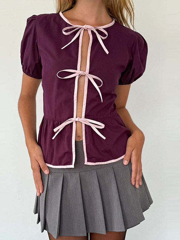 เสื้อคอกลมคอกลมแขนสั้นมีเชือกผูกสำหรับผู้หญิงมี2024เสื้อลำลองเข้ากับทุกชุดสำหรับฤดูร้อน