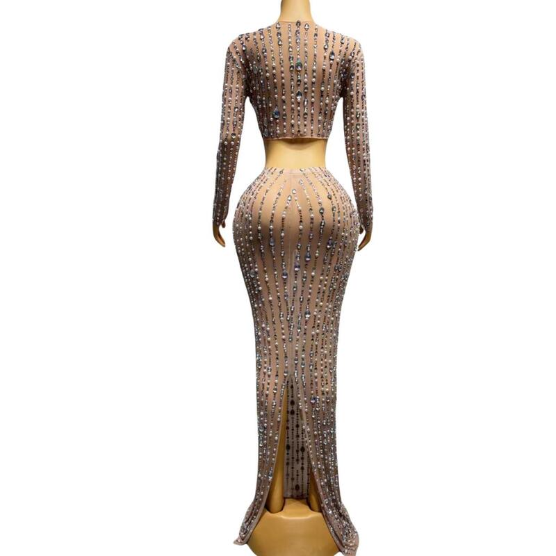 Xianglian-Conjunto de 2 piezas para mujer, Top con diamantes de imitación brillantes, falda larga elástica, vestido de fiesta de noche, vestido de cumpleaños, 2024