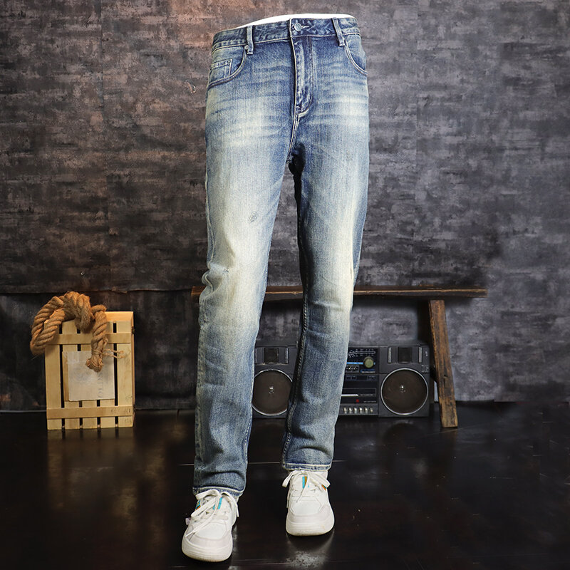 Jeans pria sobek pas badan biru Retro, celana Denim celana panjang Vintage pria desainer baru