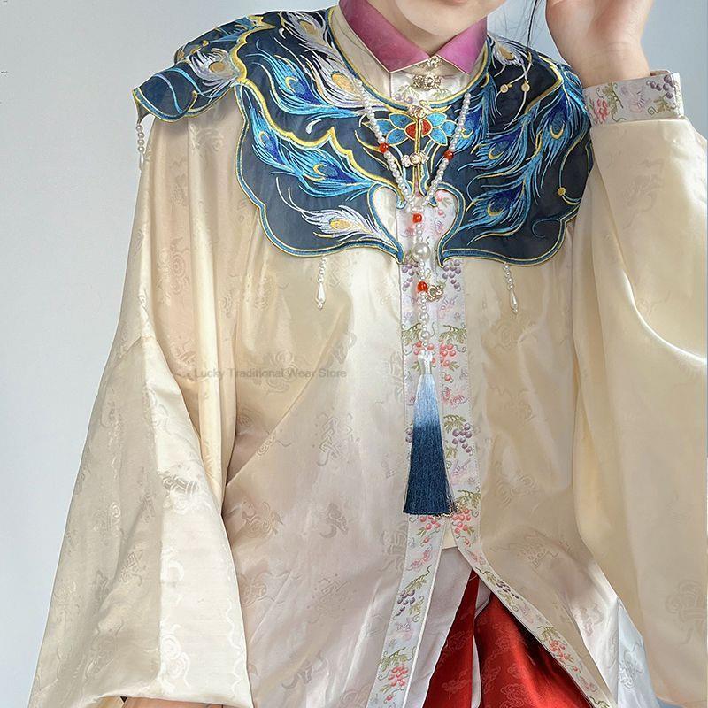 ชุดฮานฟูสไตล์จีนดั้งเดิมมิงราชวงศ์ฮั่นฝู P1อุปกรณ์ปักลายประณีตผ้าคลุมไหล่ชุดคอสเพลย์แบบตะวันออก