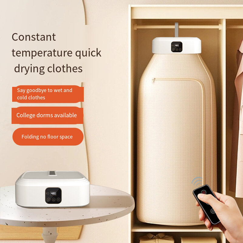Mini secador de roupa portátil com display LCD, máquina de secagem dobrável para dormitório doméstico, controle remoto com saco secador, 110V, 220V, compacto