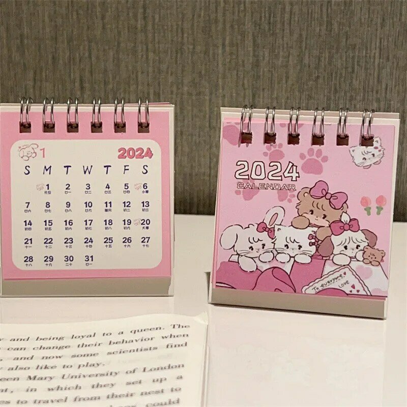 2024 kreskówkowy różowy kot kalendarz wykwintne i minimalistyczne biurko odświeżające Mini notatki na biurku Kalendarz Coil książka biurowe przybory szkolne
