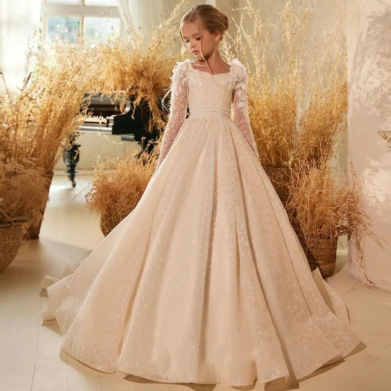 Luxurious Sequin Pearls Feathers Applique Full Sleeve Flower Girl Dress For Wedding Child First Eucharistic Birthday Party Dress