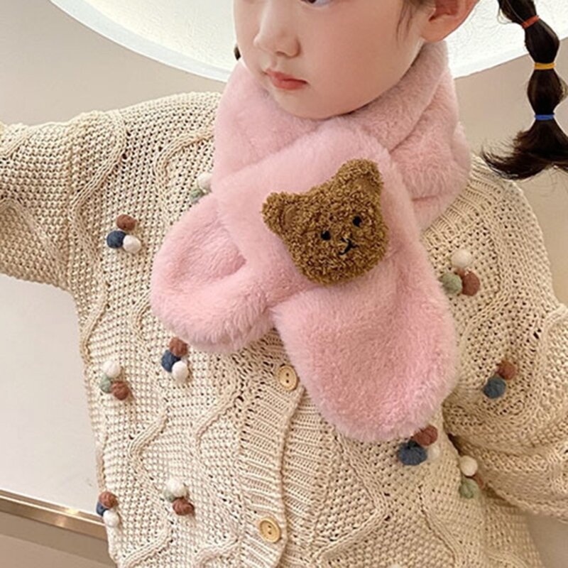 ผ้าพันคอเด็กหนาผ้าพันคอคอหมีการ์ตูนสีทึบผ้าพันคอยาวเด็กที่มีรูปแบบน่ารักสำหรับแฟชั่นฤดูหนาว