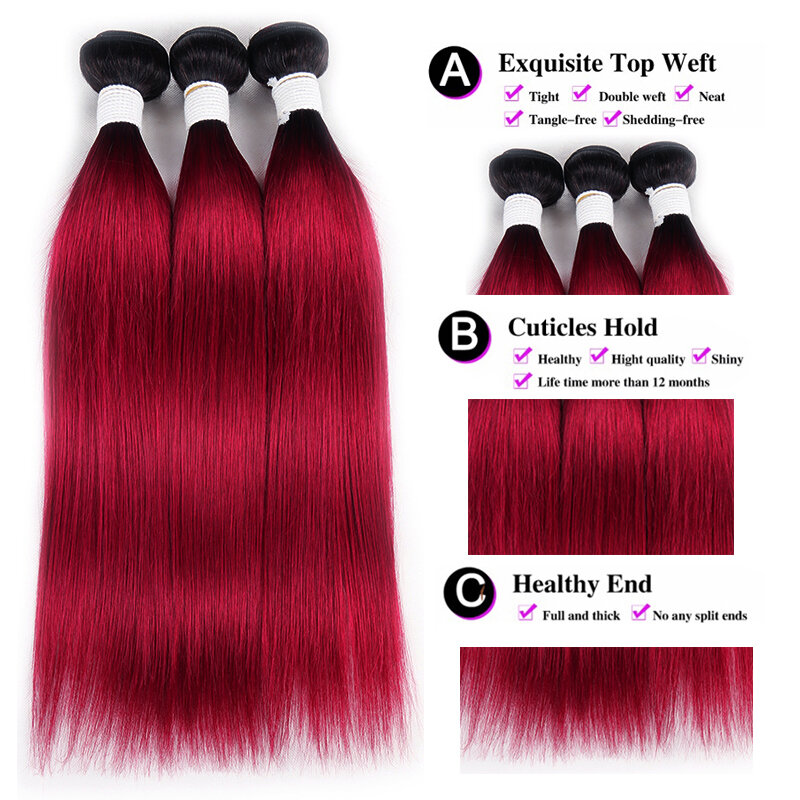 Mechones de cabello humano liso brasileño 1B 99J/Burgundy Red ombré, extensiones de cabello humano Remy, se pueden comprar 1/3/4 Uds.