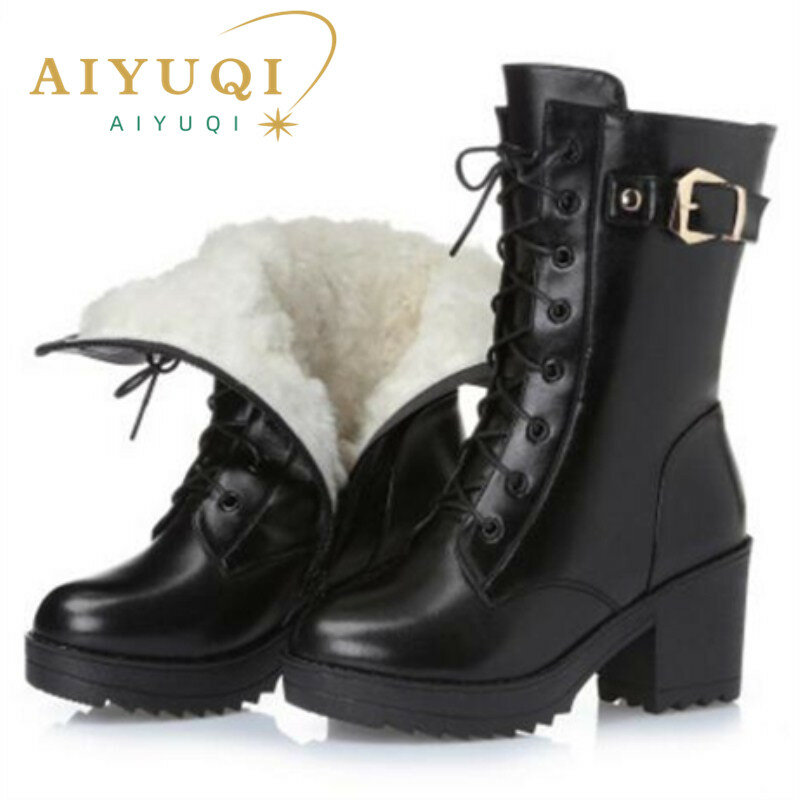 High-heeled genuine leather women winter boots thick wool warm women Military boots high-quality female snow boots K25