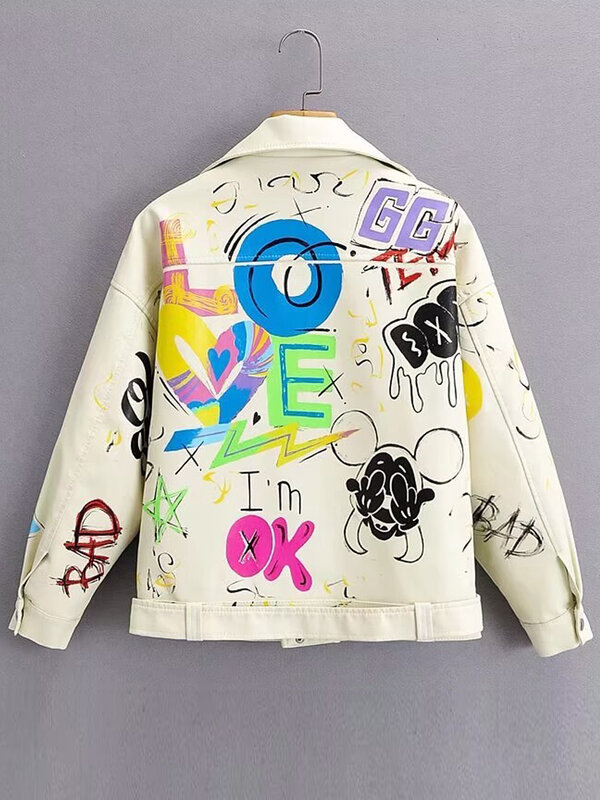 Abrigo de marca de moda para mujer, chaqueta de cuero PU con estampado colorido de Graffiti, abrigos Punk suaves, chaqueta recortada delgada de locomotora, Top de cuero
