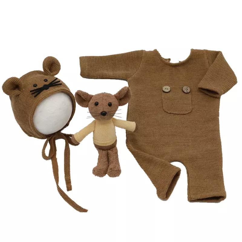 3 Stück Neugeborenen Fotografie Outfit Baby Maus Kostüm Kleidung Baby weich gestrickt Stram pler Bodysuit einteiligen Anzug Hut Puppe Geschenk