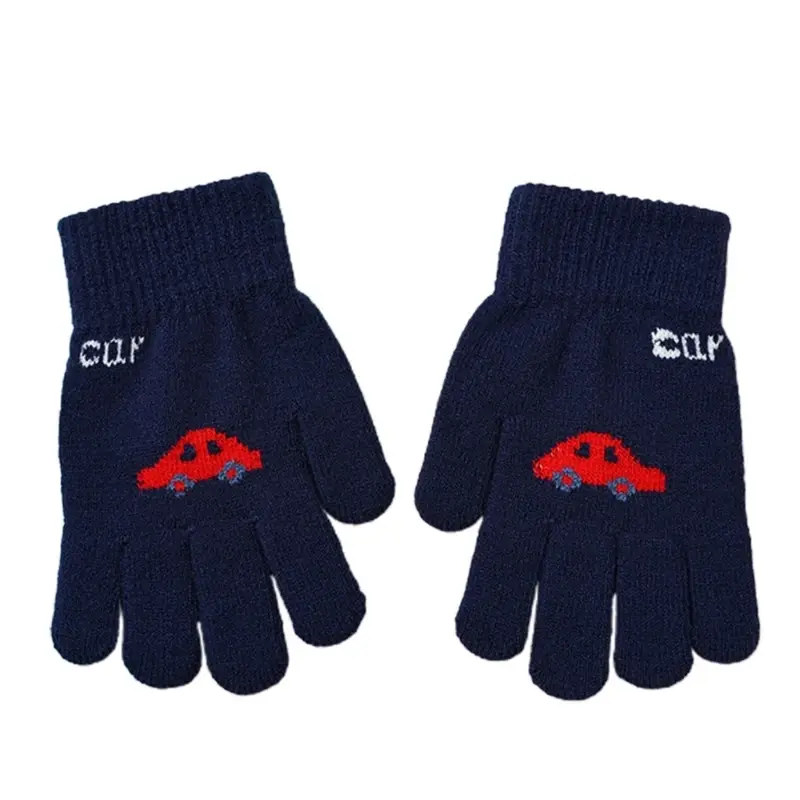 Gants pour enfants, 1 paire mitaines à doigts complets voiture mignonnes, gants extensibles d'hiver tricotés couleur