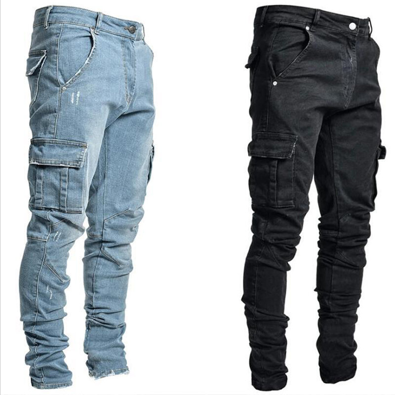 Dżinsy Fahsion męskie spodnie prania w jednolitym kolorze wiele kieszeni Denim średnio wysoka talia dżinsy Cargo spodnie Plus Size odzież na co dzień męskie